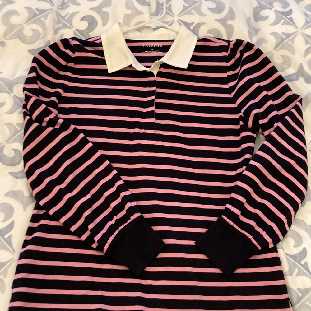 Talbots Pink and Navy Striped Long Sleeve Puffed Sleeve Rugby Shirt Medium